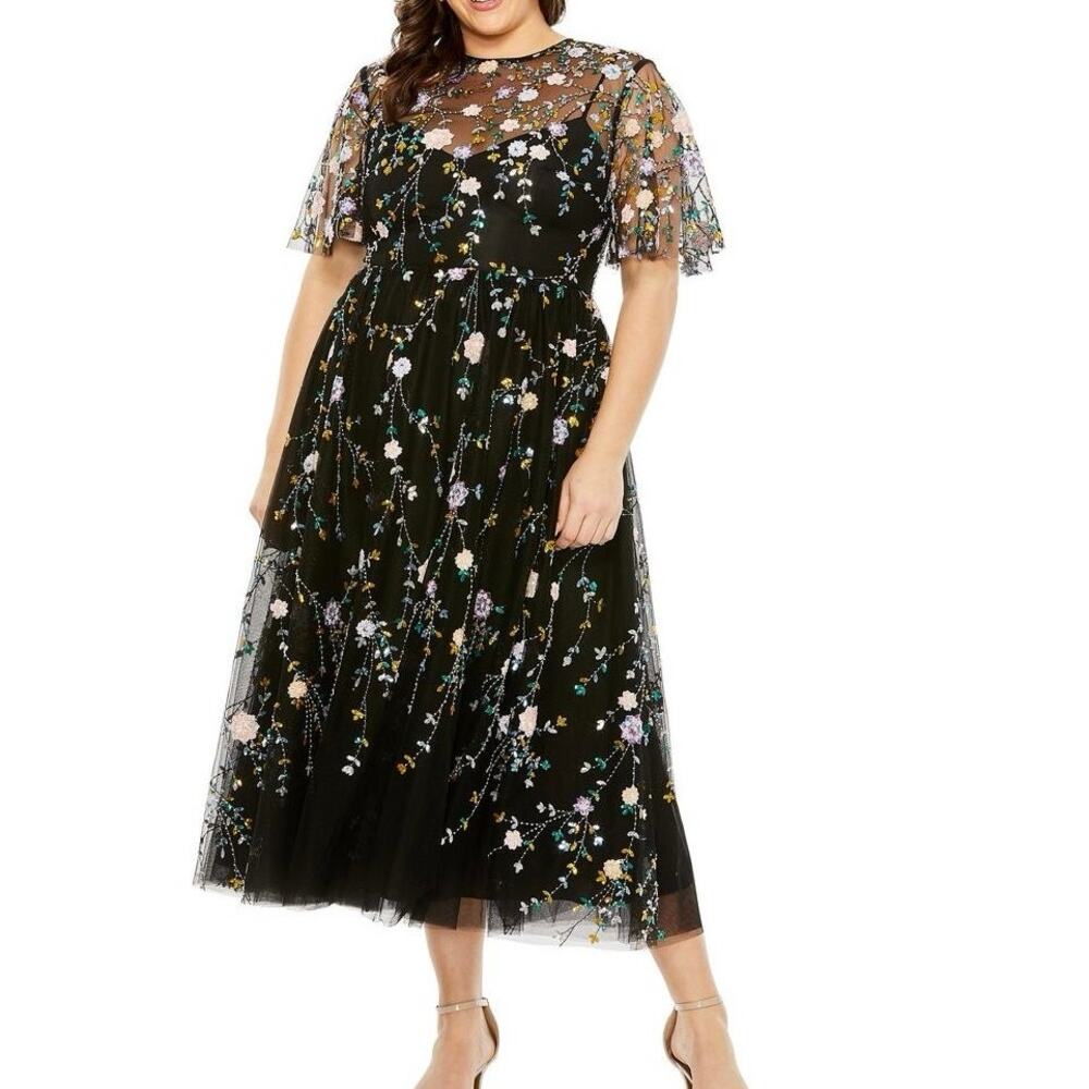 MAC DUGGAL 68638 Sequin Floral Midi Dress Size 16W New with Tag MSRP $498 SOO
